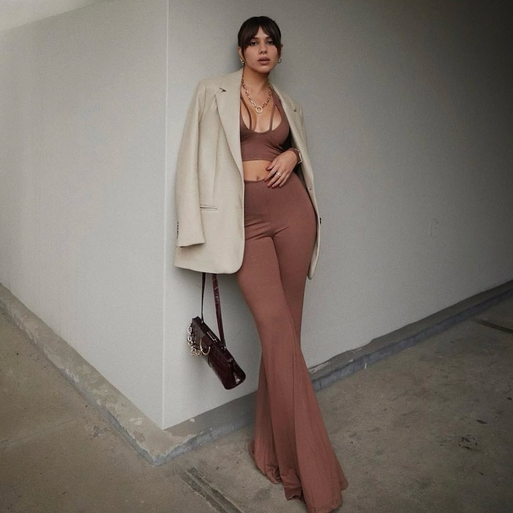 Meshki Fareeba Bootcut Pants with Cut-out Waist Detail in Chocolate